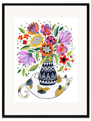 Gerahmter Kunstdruck Kätzchen mit Blumenstrauß 
