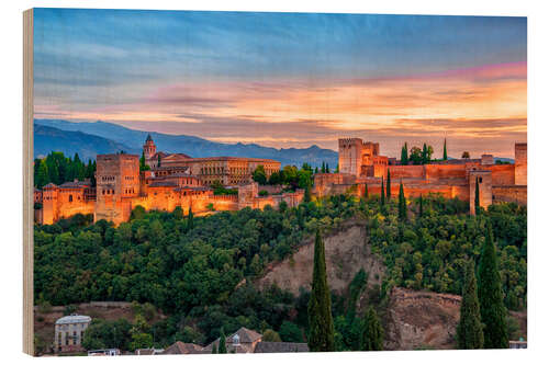 Wood print Red Alhambra in the Evening