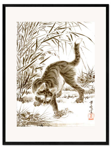Gerahmter Kunstdruck Katze fängt einen Frosch