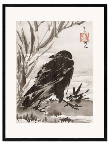 Impression artistique encadrée Corbeau et roseaux au bord d'un cours d'eau
