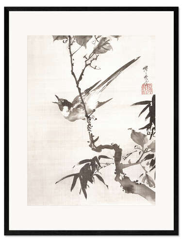 Gerahmter Kunstdruck Singender Vogel auf einem Ast