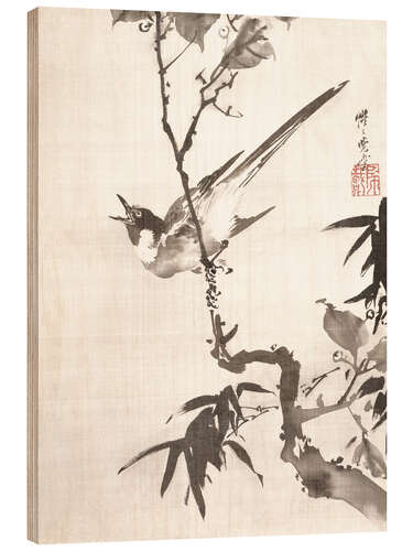 Hout print Singing Bird on a Branch