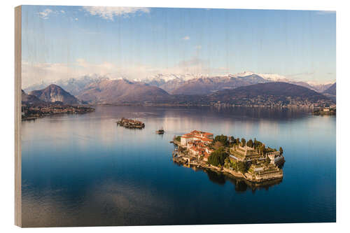 Holzbild Luftaufnahme von Isola Bella am Lago Maggiore bei Sonnenuntergang, Italien