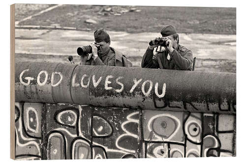 Wood print East German border guards watch protestors in the Lenne-Dreiecks area