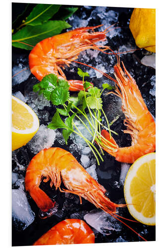 Foam board print Tiger prawns on ice with lemon and herbs