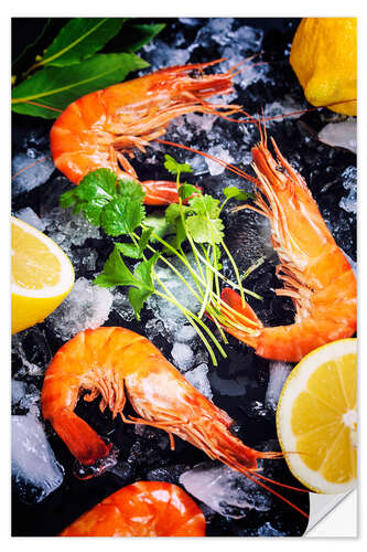 Wall sticker Tiger prawns on ice with lemon and herbs