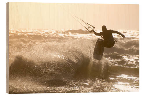 Tableau en bois Kitesurfeur en train de sauter sur les vagues