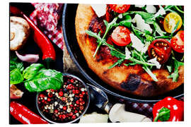 Aluminium print pizza and fresh italian ingredients