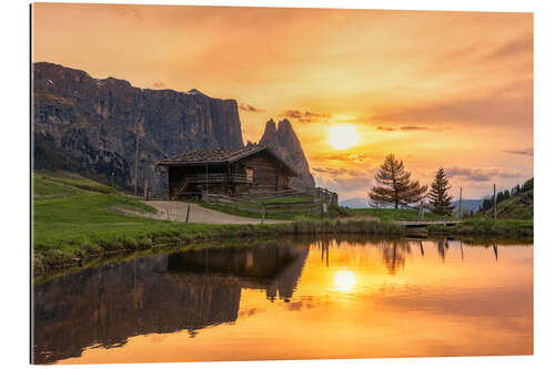 Tableau en plexi-alu L'Alpe de Siusi et le Schlern au coucher du soleil