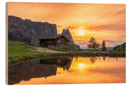 Wood print Alpe di Siusi with Schlern at sunset