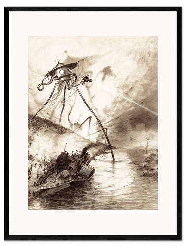 Plakat artystyczny premium w ramie Martian Fighting Machine in the Thames Valley