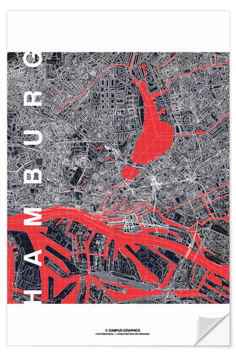 Muursticker Hamburg city map midnight