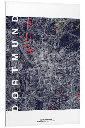 Aluminiumsbilde City of Dortmund Map midnight