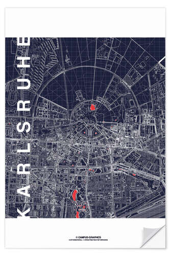 Muursticker Karlsruhe city map at midnight