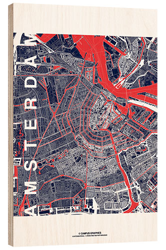 Obraz na drewnie City of Amsterdam Map midnight