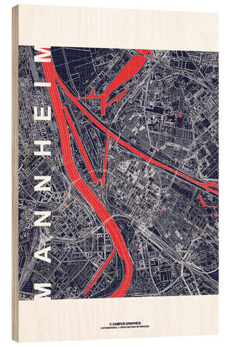 Quadro de madeira City of Mannheim Map midnight