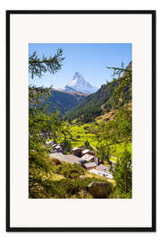 Gerahmter Kunstdruck Blick auf Zermatt und das Matterhorn, Schweizer Alpen, Schweiz
