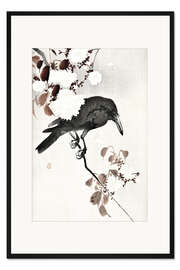 Gerahmter Kunstdruck Krähe und Kirschblüte