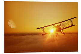 Aluminiumsbilde  Biplane flies towards the sun