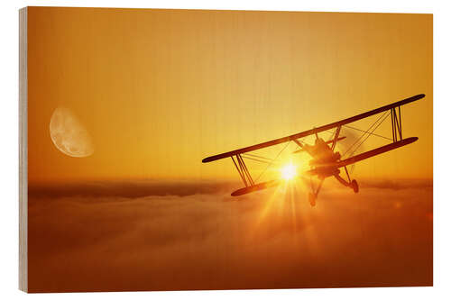 Quadro de madeira Biplane flies towards the sun