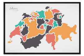 Gerahmter Kunstdruck Schweiz Landkarte modern abstrakt mit runden Formen