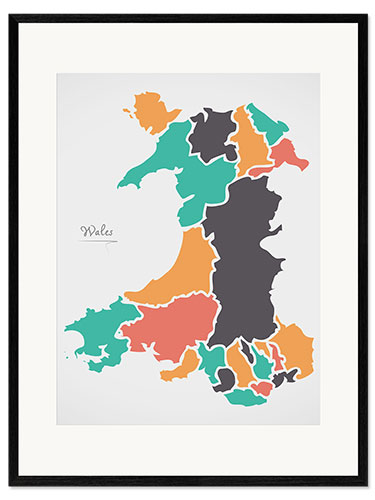 Framed art print Wales map modern abstract with round shapes