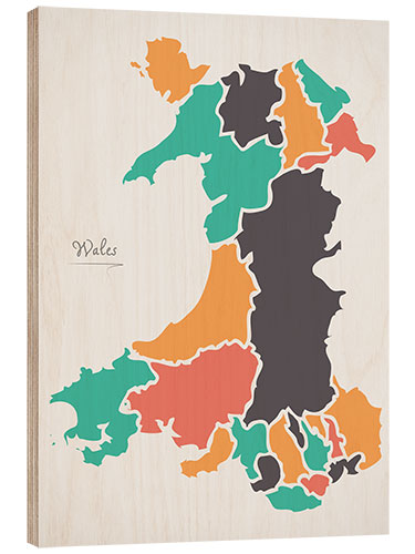 Wood print Wales map modern abstract with round shapes