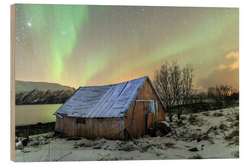 Print på træ Aurora Borealis on typical Rorbu, Svensby, Norway