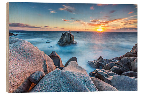 Tableau en bois Sunset on cliffs of Capo Testa, Sardinia, Italy