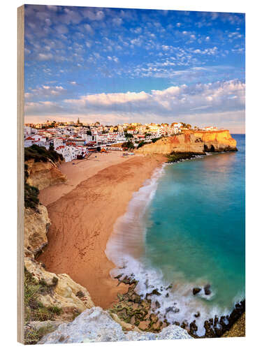 Holzbild Panorama von Carvoeiro bei Sonnenuntergang, Algarve, Portugal