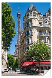 Sticker mural Eiffel tower with street cafe in Paris, France