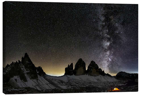 Stampa su tela Lonely Tent under Milky way over Tre cime - Dolomites