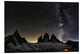 Foam board print Lonely Tent under Milky way over Tre cime - Dolomites