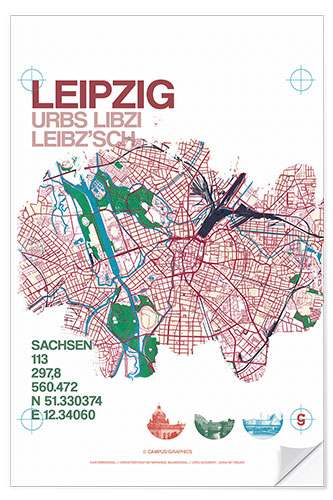 Selvklebende plakat Leipzig map city motive