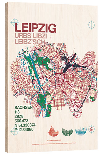 Quadro de madeira Motivo da cidade do mapa de Leipzig