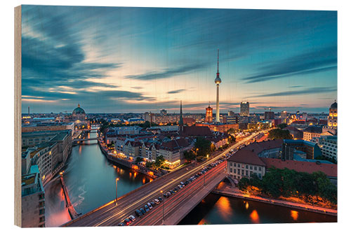 Wood print Berlin panorama to the sunset