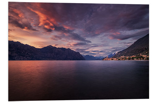 Foam board print Sunset at Lake Garda with view on Malcesine