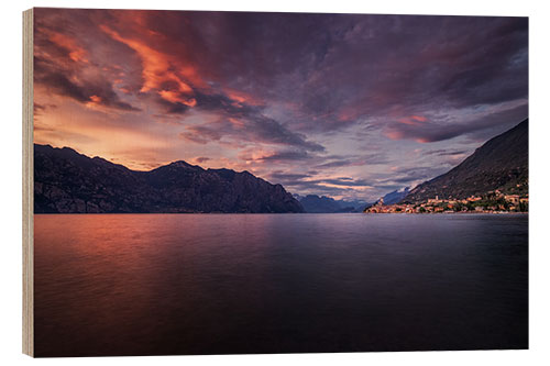 Holzbild Sonnenuntergang am Gardasee mit Blick auf Malcesine