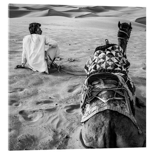 Acrylic print Man and his camel in the desert