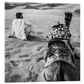 Acrylic print Man and his camel in the desert