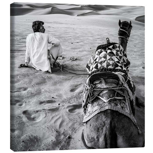 Lerretsbilde Man and his camel in the desert