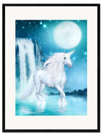 Ingelijste kunstdruk Unicorn - Waterfalls and Moon