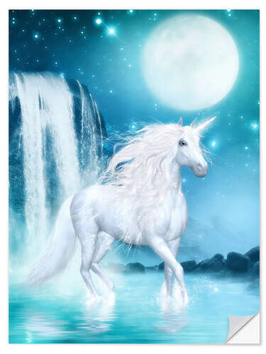 Sticker mural Licorne - Lune et cascade