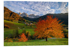 Foam board print Funes Valley in autumn, Dolomites, South Tyrol, Italy