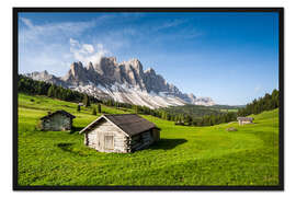 Gerahmter Kunstdruck Alpine Hütte, Caseril Alm, Funes Valley, Südtirol, Italien