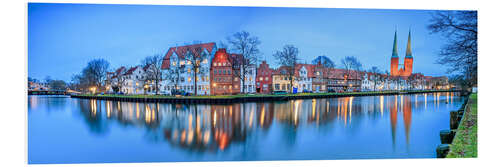 Tableau en PVC Panoramic of Lubeck reflected in river Trave, Germany