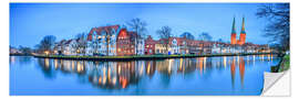 Sticker mural Panoramic of Lubeck reflected in river Trave, Germany