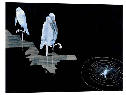 Tableau en verre acrylique Trois cigognes et une grenouille dans un étang