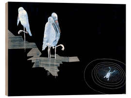 Wood print Three Storks and a Frog in a Pond