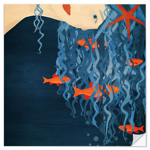 Selvklebende plakat Mermaid with Goldfish